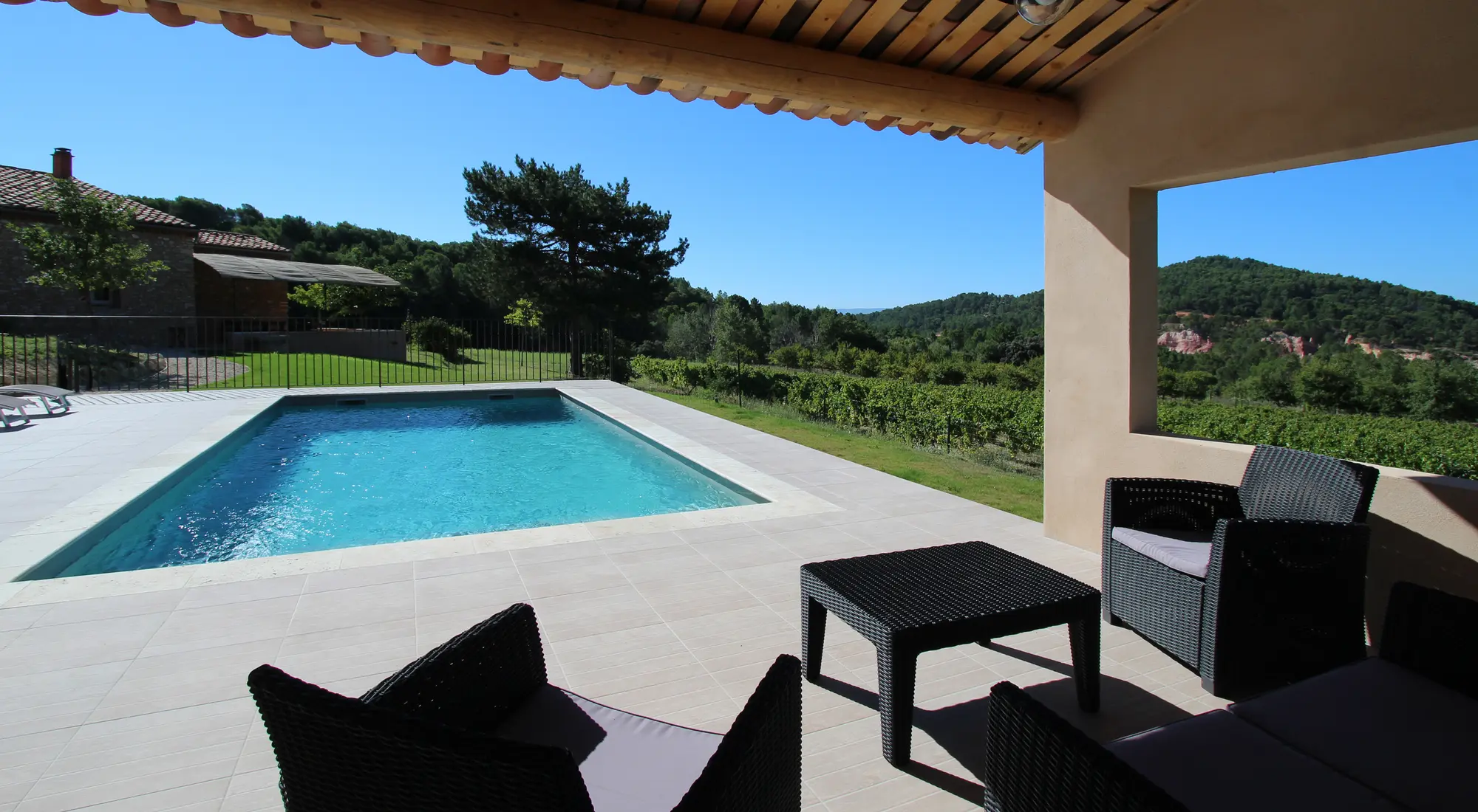 Abri de piscine ombragé avec salon de jardin et bar